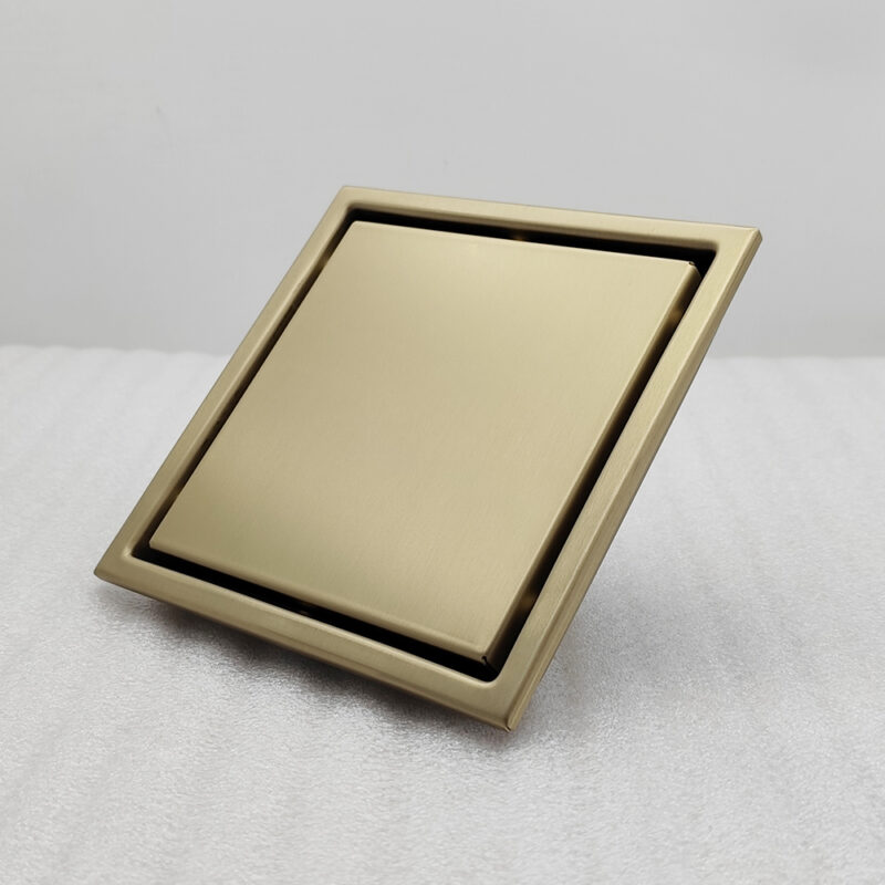 AQUADOM OCEANIC 6"x6" Square Shower Drain Tile-In, with hair strainer, Marine-Grade 316 stainless steel in Brushed Gold