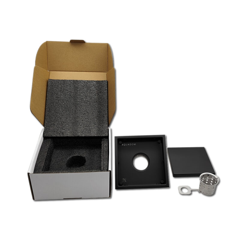 AQUADOM OCEANIC 6"x6" Square Shower Drain Tile-In, with hair strainer, Marine-Grade 316 stainless steel in Matte Black