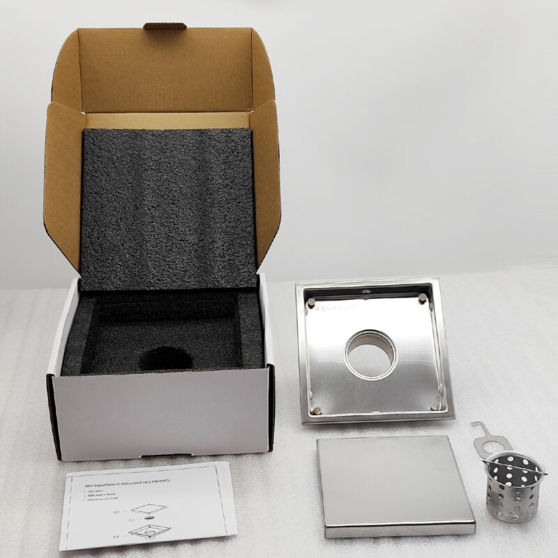 AQUADOM OCEANIC 6"x6" Square Shower Drain Tile-In, with hair strainer, Marine-Grade 316 stainless steel in Satin