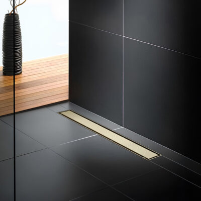 AQUADOM OCEANIC Linear Shower Drain Tile-In, with hair strainer and adjustment feet, Marine-Grade 316 stainless steel - Brushed Gold, 24"x2 3/4"x7/8"