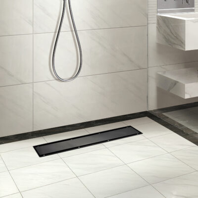 AQUADOM OCEANIC Linear Shower Drain Tile-In, with hair strainer and adjustment feet, Marine-Grade 316 stainless steel - Matte Black, 24"x2 3/4"x7/8"