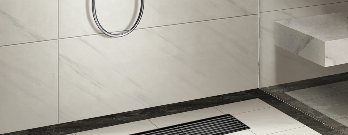 AQUADOM OCEANIC Linear Shower Drain Grid Cover, with hair strainer and adjustment feet, Marine-Grade 316 stainless steel - Matte Black, 24"x2 3/4"x7/8"