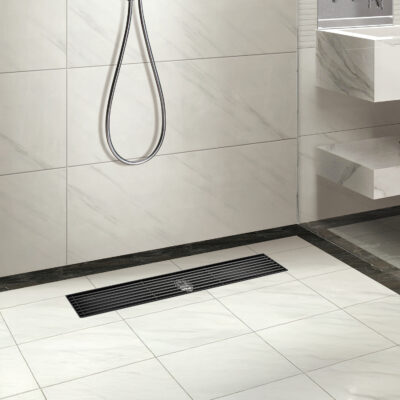 AQUADOM OCEANIC Linear Shower Drain Grid Cover, with hair strainer and adjustment feet, Marine-Grade 316 stainless steel - Matte Black, 24"x2 3/4"x7/8"