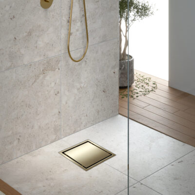 AQUADOM OCEANIC 6"x6" Square Shower Drain Tile-In, with hair strainer, Marine-Grade 316 stainless steel - Brushed Gold