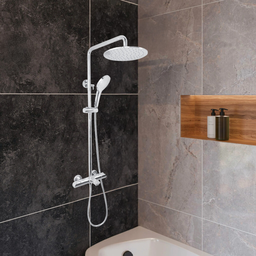 AQUADOM ZEN Three Function Thermostatic Exposed Shower System with Round 10"x1/5" Rain Shower Head and 3 Functions Hand Shower and Tub Spout - Chrome