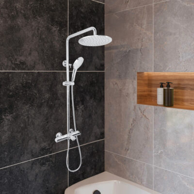 AQUADOM ZEN Three Function Thermostatic Exposed Shower System with Round 10"x1/5" Rain Shower Head and 3 Functions Hand Shower and Tub Spout - Chrome