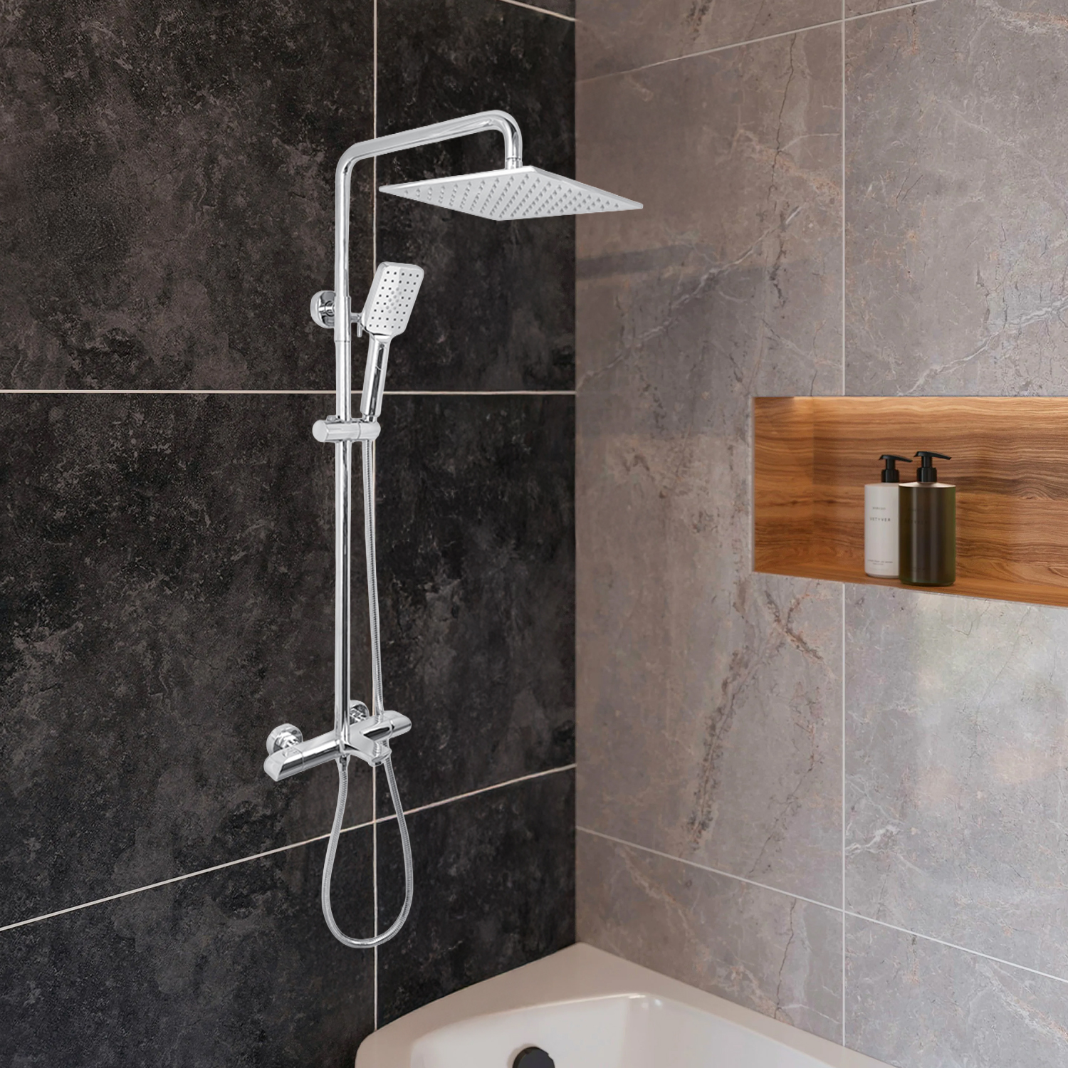 AQUADOM ZEN Three Function Thermostatic Exposed Shower System with Square 10"x10"x1/5" Rain Shower Head and 3 Functions Hand Shower and Tub Spout AQUADOM ZEN Three Function Thermostatic Exposed Shower System with Square 10"x10"x1/5" Rain Shower Head and 3 Functions Hand Shower and Tub Spout