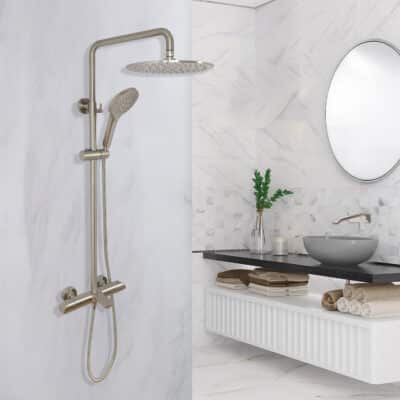 AQUADOM ZEN Three Function Thermostatic Exposed Shower System with Round 10"x1/5" Rain Shower Head and 3 Functions Hand Shower and Tub Spout - Brushed Nickel