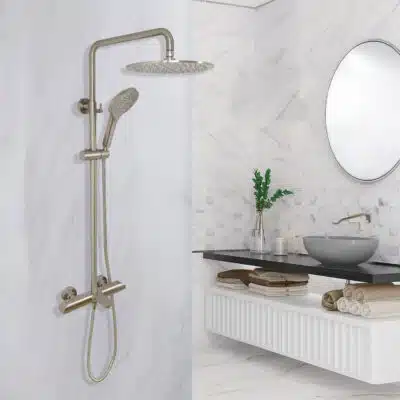 AQUADOM ZEN Three Function Thermostatic Exposed Shower System with Round 10"x1/5" Rain Shower Head and 3 Functions Hand Shower and Tub Spout - Brushed Nickel