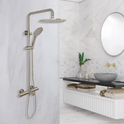 AQUADOM ZEN Three Function Thermostatic Exposed Shower System with Round 10"x1/5" Rain Shower Head and 3 Functions Hand Shower and Tub Spout - Brushed Nickel