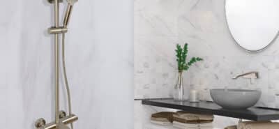 AQUADOM ZEN Three Function Thermostatic Exposed Shower System with Square 10"x10"x1/5" Rain Shower Head and 3 Functions Hand Shower and Tub Spout - Brushed Nickel