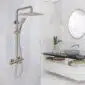AQUADOM ZEN Three Function Thermostatic Exposed Shower System with Square 10"x10"x1/5" Rain Shower Head and 3 Functions Hand Shower and Tub Spout - Brushed Nickel