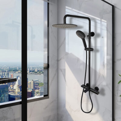 AQUADOM ZEN Three Function Thermostatic Exposed Shower System with Square 10"x10"x1/5" Rain Shower Head and 3 Functions Hand Shower and Tub Spout