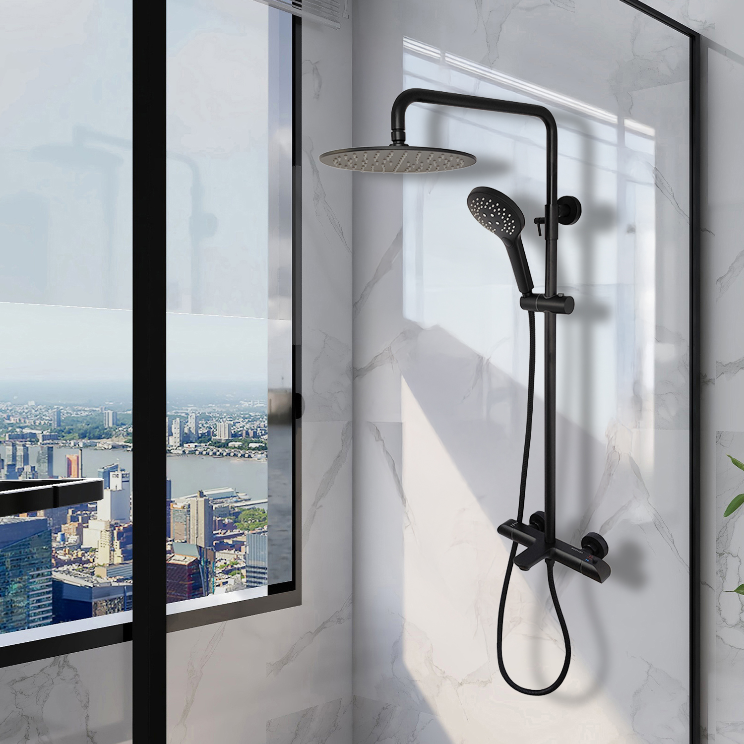 AQUADOM ZEN Three Function Thermostatic Exposed Shower System with Square 10"x10"x1/5" Rain Shower Head and 3 Functions Hand Shower and Tub Spout