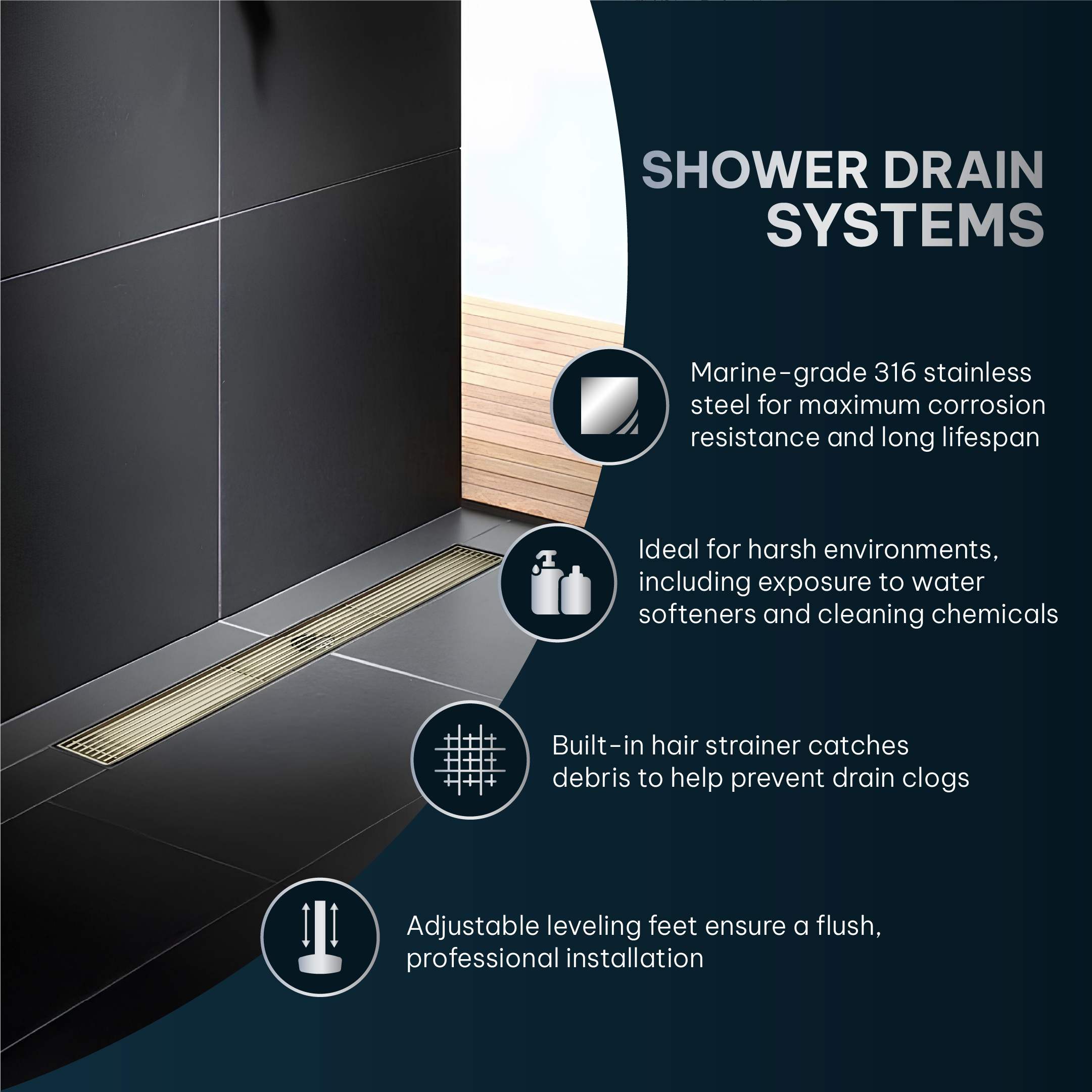 AQUADOM OCEANIC Linear Shower Drain, Marine-Grade 316 Stainless Steel, Grid Cover with Hair Strainer and Adjustment Feet AQUADOM OCEANIC Linear Shower Drain, Marine-Grade 316 Stainless Steel, Grid Cover with Hair Strainer and Adjustment Feet