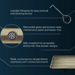AQUADOM OCEANIC Linear Shower Drain, Marine-Grade 316 Stainless Steel, Grid Cover with Hair Strainer and Adjustment Feet