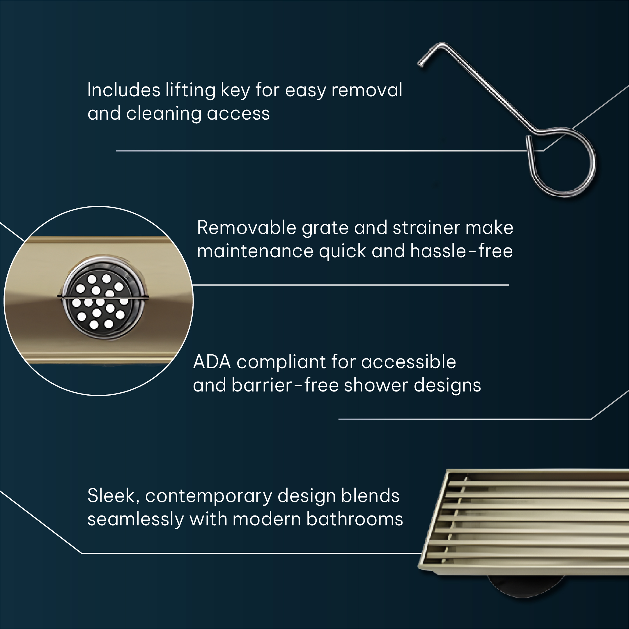 AQUADOM OCEANIC Linear Shower Drain, Marine-Grade 316 Stainless Steel, Grid Cover with Hair Strainer and Adjustment Feet AQUADOM OCEANIC Linear Shower Drain, Marine-Grade 316 Stainless Steel, Grid Cover with Hair Strainer and Adjustment Feet