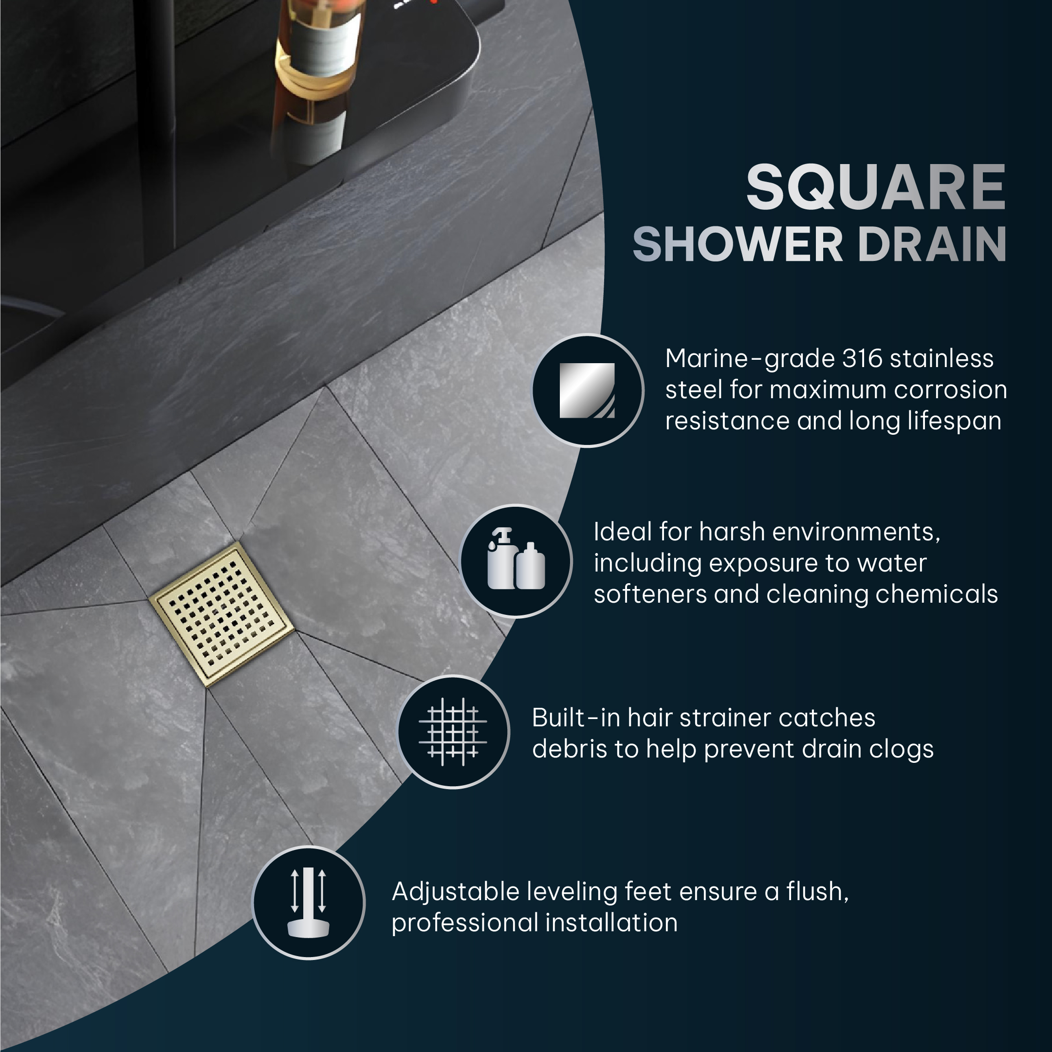 AQUADOM OCEANIC Square Shower Drain, Marine-Grade 316 Stainless Steel, Grid Cover with Hair Strainer