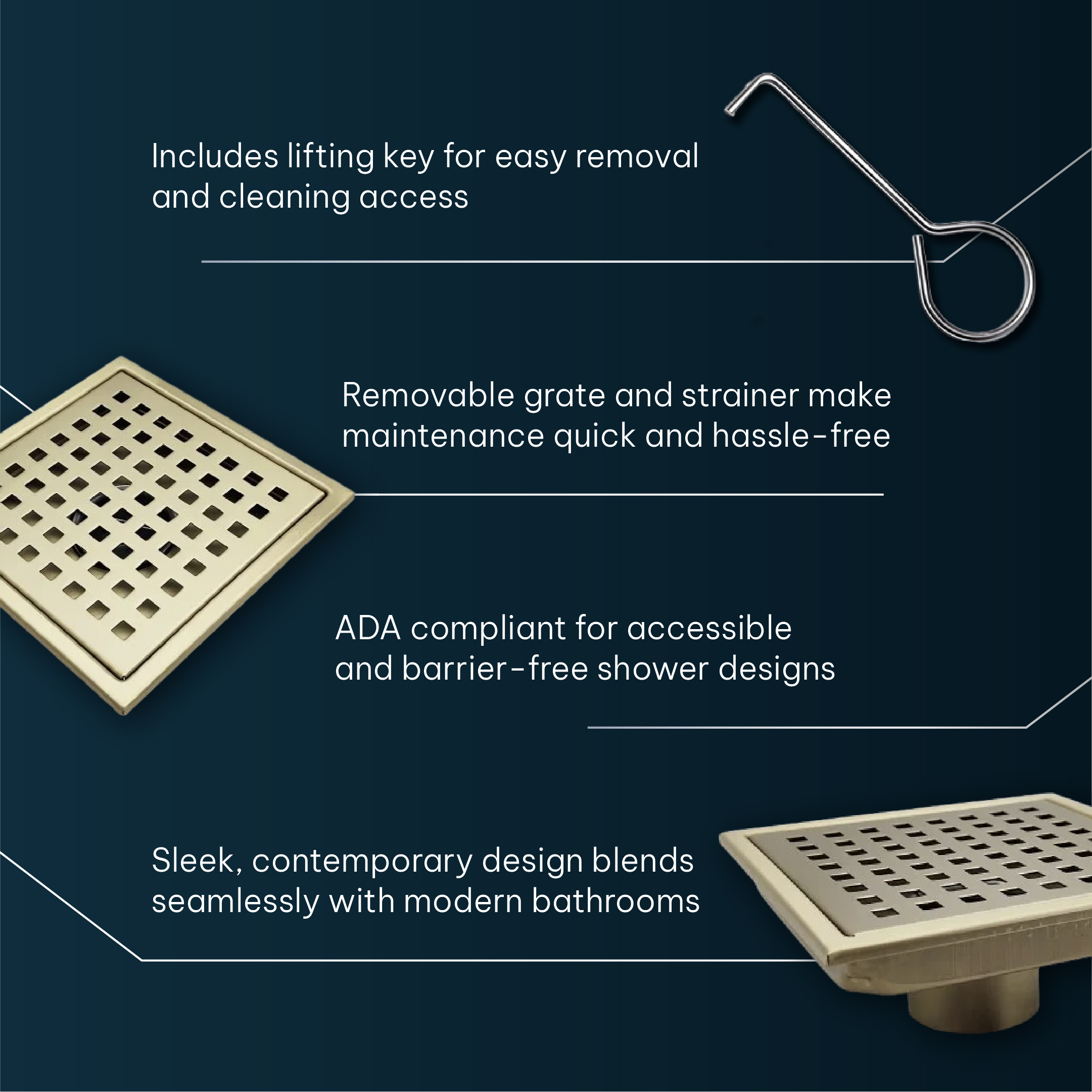 AQUADOM OCEANIC Square Shower Drain, Marine-Grade 316 Stainless Steel, Grid Cover with Hair Strainer