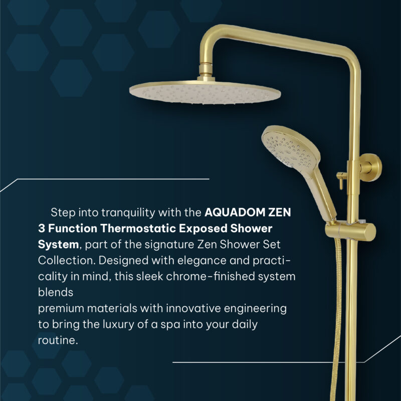 AQUADOM ZEN Three Function Thermostatic Exposed Shower Pipe System with Round 10"x1/5" Rain Shower Head, 3 Functions Hand Shower and Tub Spout, 2.5 GPM