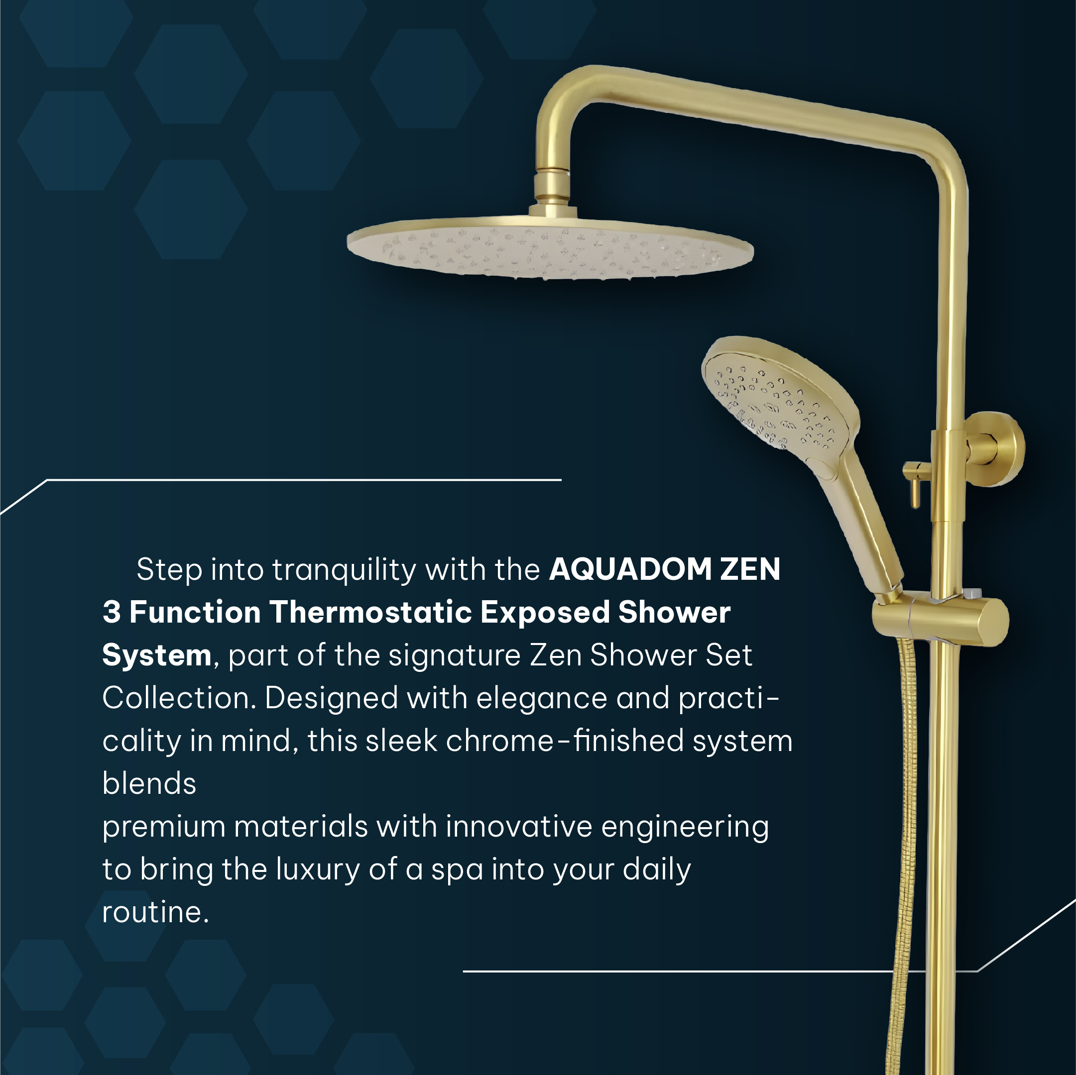 AQUADOM ZEN Three Function Thermostatic Exposed Shower Pipe System with Round 10"x1/5" Rain Shower Head, 3 Functions Hand Shower and Tub Spout, 2.5 GPM AQUADOM ZEN Three Function Thermostatic Exposed Shower Pipe System with Round 10"x1/5" Rain Shower Head, 3 Functions Hand Shower and Tub Spout, 2.5 GPM