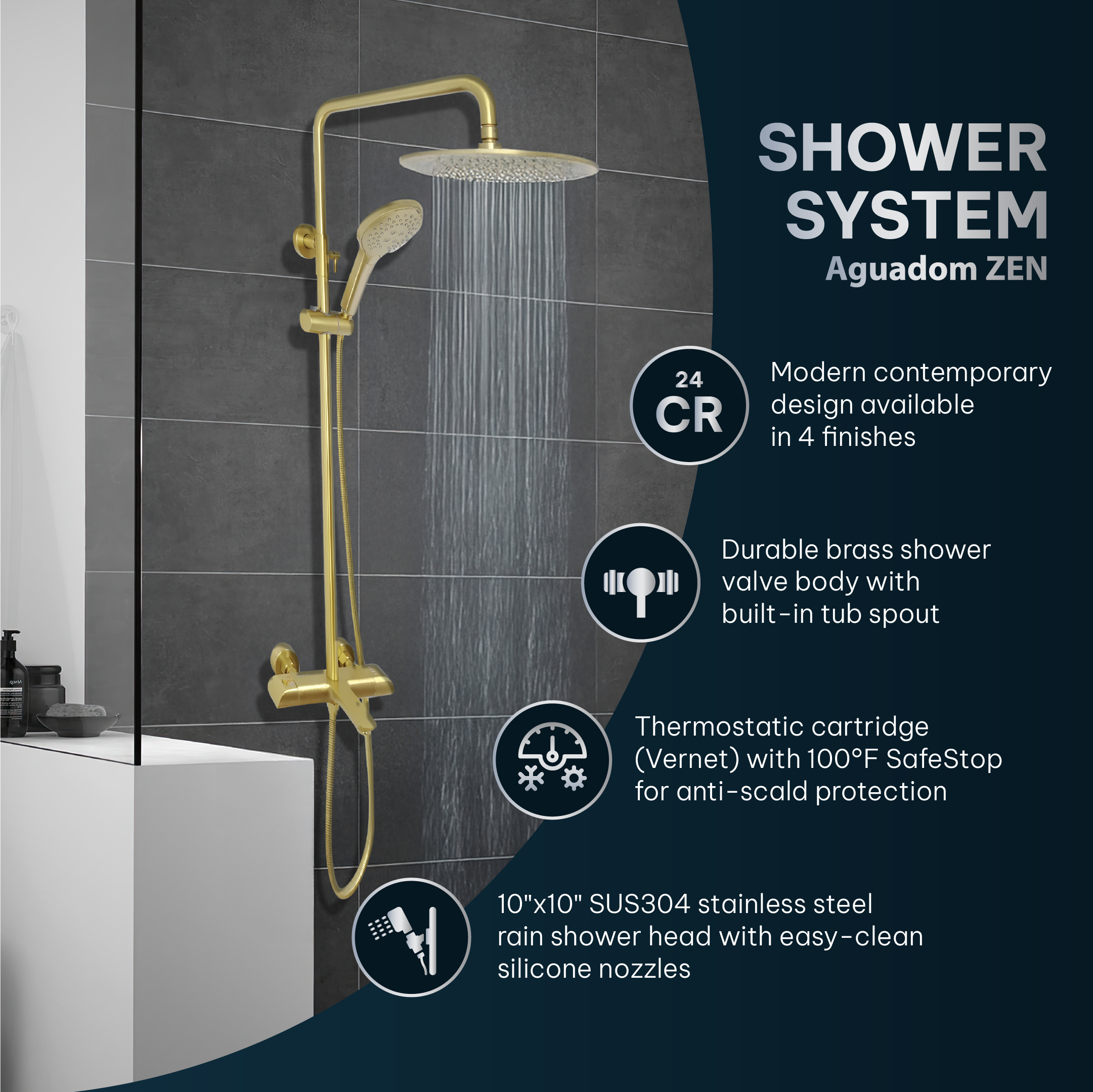 AQUADOM ZEN Three Function Thermostatic Exposed Shower Pipe System with Round 10"x1/5" Rain Shower Head, 3 Functions Hand Shower and Tub Spout, 2.5 GPM AQUADOM ZEN Three Function Thermostatic Exposed Shower Pipe System with Round 10"x1/5" Rain Shower Head, 3 Functions Hand Shower and Tub Spout, 2.5 GPM