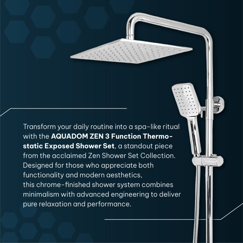 AQUADOM ZEN Three Function Thermostatic Exposed Shower Pipe System with Square 10"x10"x1/5" Rain Shower Head, 3 Functions Hand Shower and Tub Spout 2.5 GPM