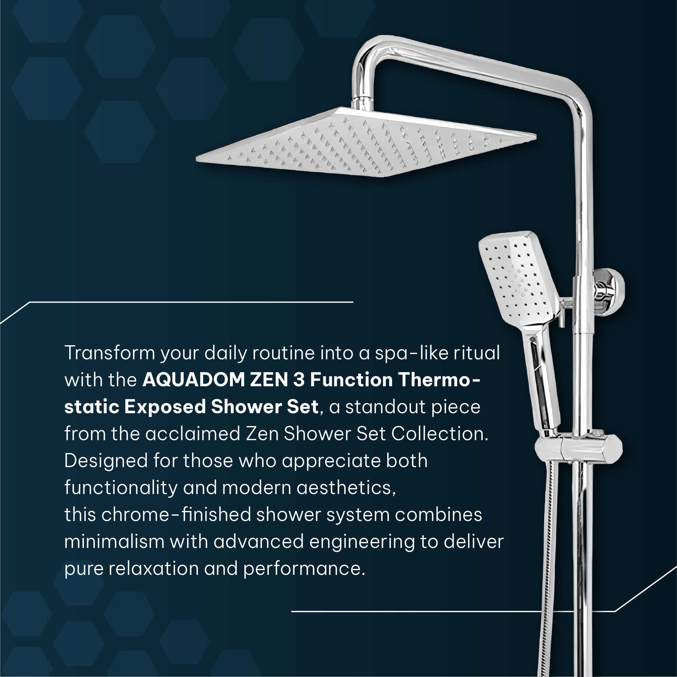 AQUADOM ZEN Three Function Thermostatic Exposed Shower Pipe System with Square 10"x10"x1/5" Rain Shower Head, 3 Functions Hand Shower and Tub Spout 2.5 GPM AQUADOM ZEN Three Function Thermostatic Exposed Shower Pipe System with Square 10"x10"x1/5" Rain Shower Head, 3 Functions Hand Shower and Tub Spout 2.5 GPM