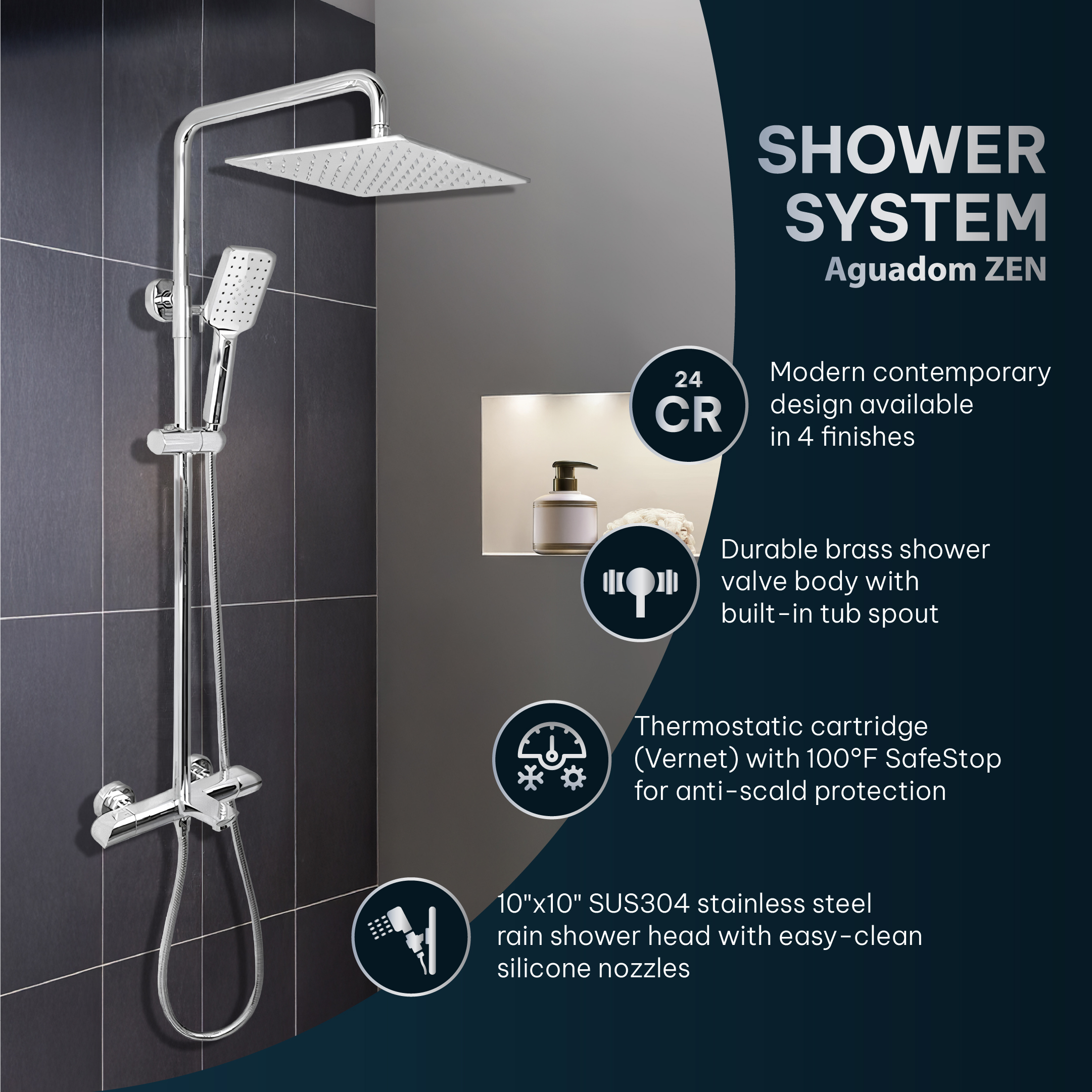 AQUADOM ZEN Three Function Thermostatic Exposed Shower Pipe System with Square 10"x10"x1/5" Rain Shower Head, 3 Functions Hand Shower and Tub Spout 2.5 GPM AQUADOM ZEN Three Function Thermostatic Exposed Shower Pipe System with Square 10"x10"x1/5" Rain Shower Head, 3 Functions Hand Shower and Tub Spout 2.5 GPM