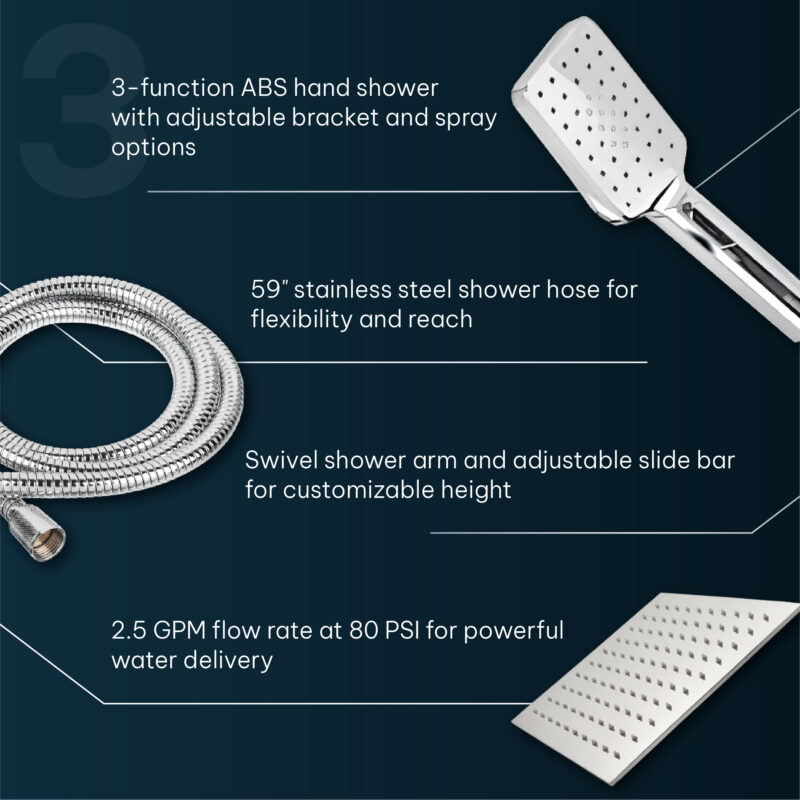 AQUADOM ZEN Three Function Thermostatic Exposed Shower Pipe System with Square 10"x10"x1/5" Rain Shower Head, 3 Functions Hand Shower and Tub Spout 2.5 GPM