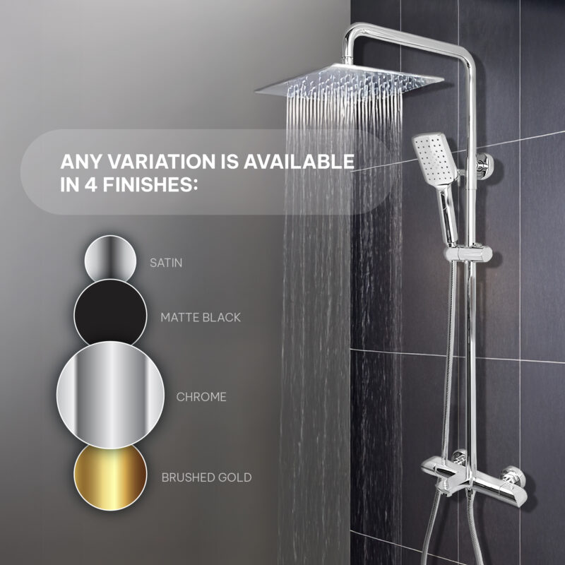 AQUADOM ZEN Three Function Thermostatic Exposed Shower Pipe System with Square 10"x10"x1/5" Rain Shower Head, 3 Functions Hand Shower and Tub Spout 2.5 GPM
