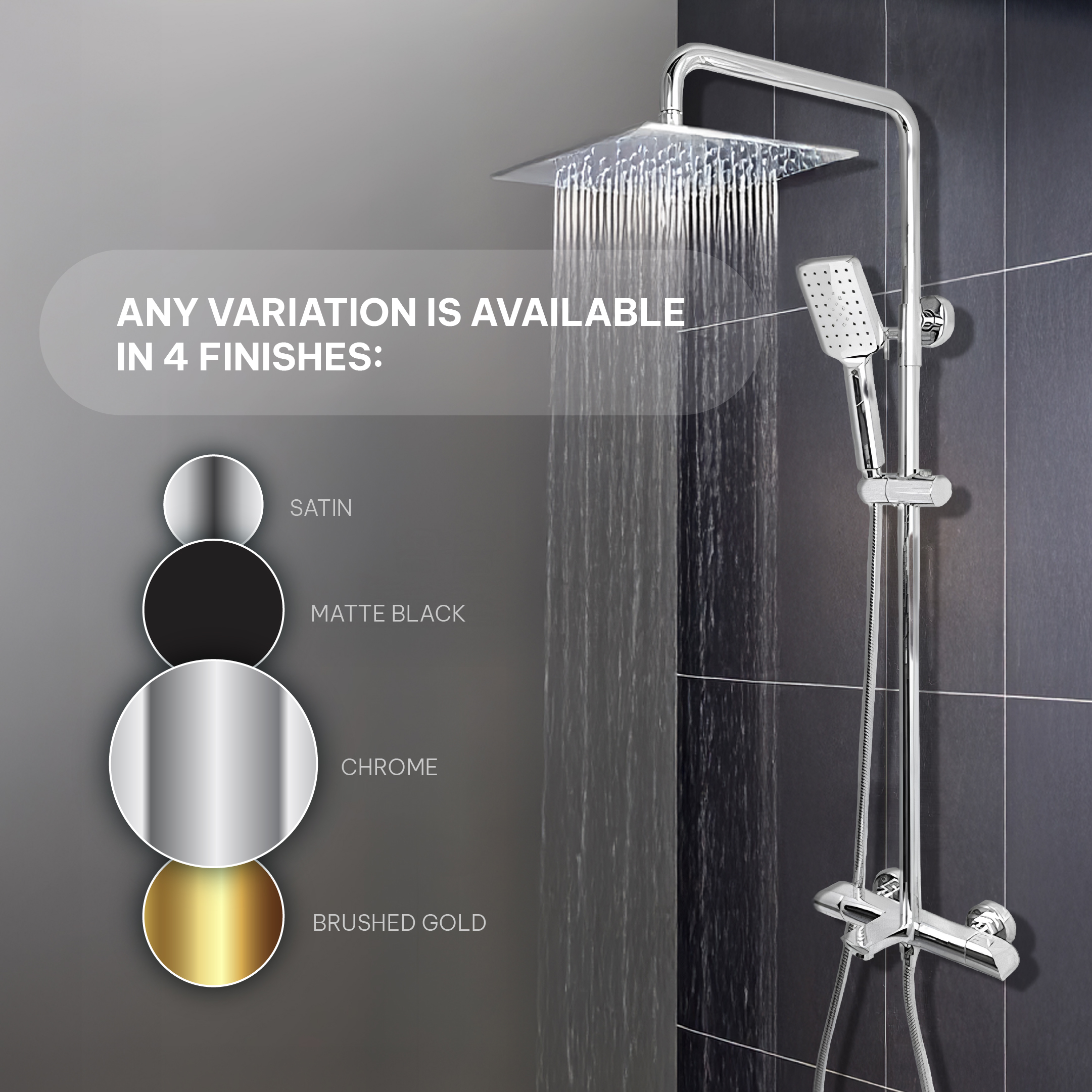 AQUADOM ZEN Three Function Thermostatic Exposed Shower Pipe System with Square 10"x10"x1/5" Rain Shower Head, 3 Functions Hand Shower and Tub Spout 2.5 GPM AQUADOM ZEN Three Function Thermostatic Exposed Shower Pipe System with Square 10"x10"x1/5" Rain Shower Head, 3 Functions Hand Shower and Tub Spout 2.5 GPM