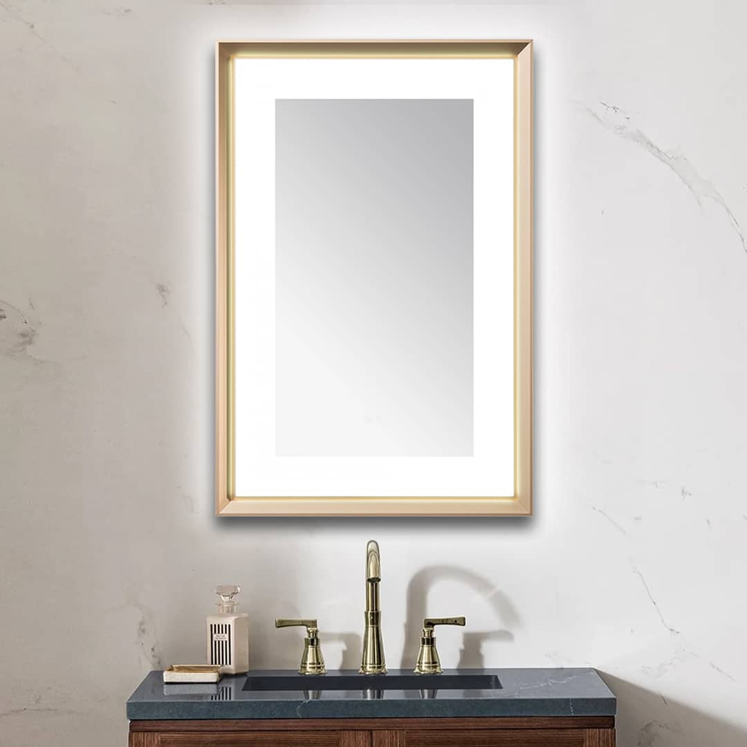 AQUADOM Madison 24"x36"x2.28" LED Lighted Chamfer Frame Mirror with Defogger, 3 Color Lighting, Wall Mount Vertical or Horizontal Installation in Brushed Gold  AQUADOM Madison 24"x36"x2.28" LED Lighted Chamfer Frame Mirror with Defogger, 3 Color Lighting, Wall Mount Vertical or Horizontal Installation in Brushed Gold