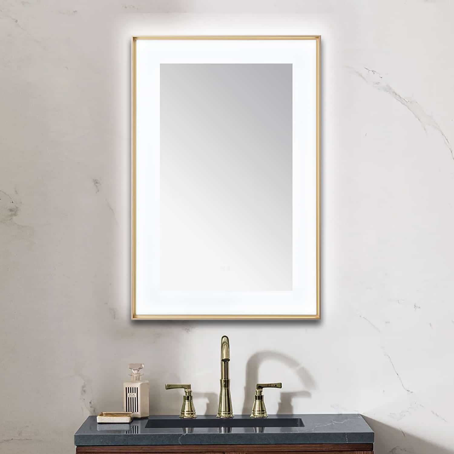 AQUADOM Lexington 24"x36"x2.28"LED Lighted Slim Frame Mirror with Defogger, 3 Color Lighting, Wall Mount Vertical or Horizontal Installation in Brushed Gold AQUADOM Lexington 24"x36"x2.28"LED Lighted Slim Frame Mirror with Defogger, 3 Color Lighting, Wall Mount Vertical or Horizontal Installation in Brushed Gold