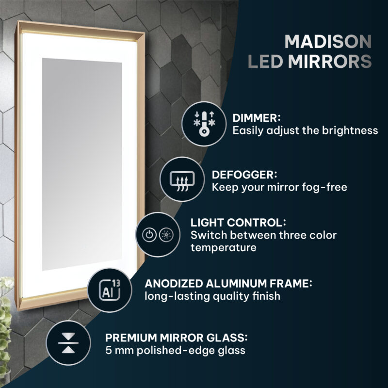  AQUADOM Madison 24"x36"x2.28" LED Lighted Chamfer Frame Mirror with Defogger, 3 Color Lighting, Wall Mount Vertical or Horizontal Installation in Brushed Gold