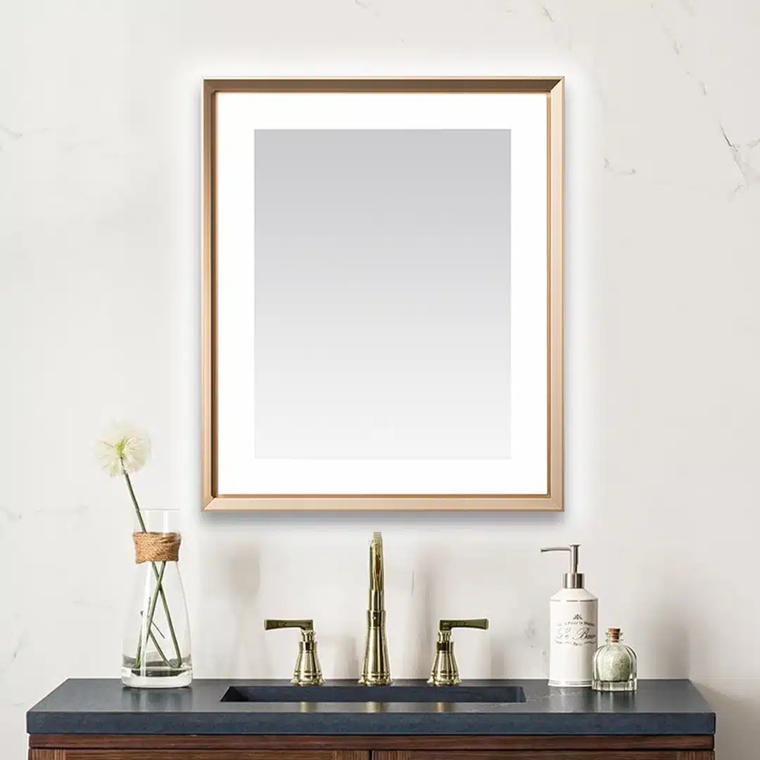 AQUADOM Madison 30"x36"x2.28" LED Lighted Chamfer Frame Mirror with Defogger, 3 Color Lighting, Wall Mount Vertical or Horizontal Installation in Brushed Gold  AQUADOM Madison 30"x36"x2.28" LED Lighted Chamfer Frame Mirror with Defogger, 3 Color Lighting, Wall Mount Vertical or Horizontal Installation in Brushed Gold