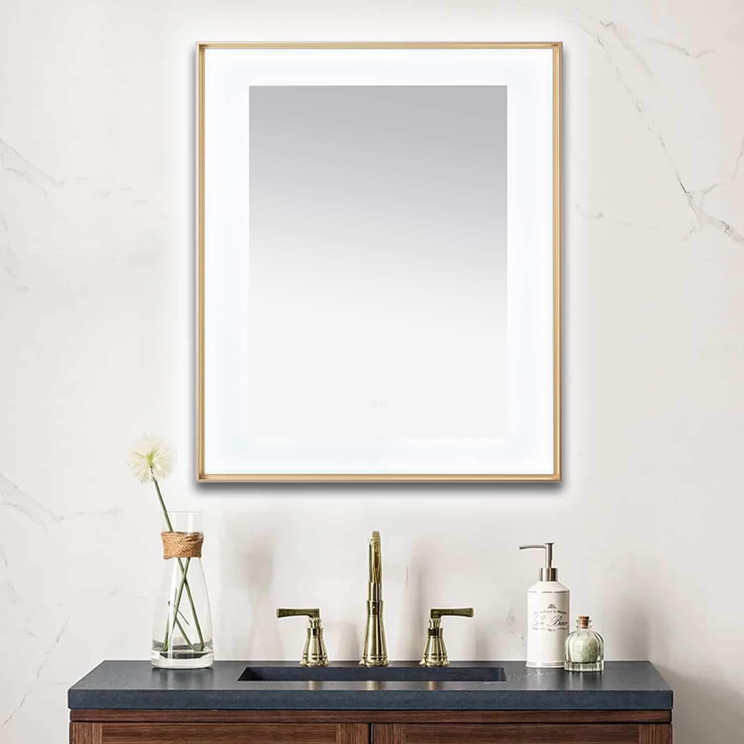  AQUADOM Lexington 30"x36"x2.28" LED Lighted Slim Frame Mirror with Defogger, 3 Color Lighting, Wall Mount Vertical or Horizontal Installation in Brushed Gold