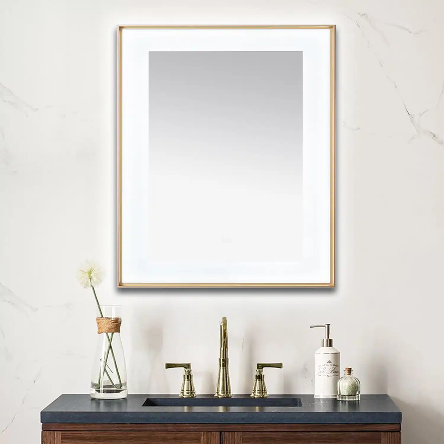 AQUADOM Lexington 30"x36"x2.28" LED Lighted Slim Frame Mirror with Defogger, 3 Color Lighting, Wall Mount Vertical or Horizontal Installation in Brushed Gold  AQUADOM Lexington 30"x36"x2.28" LED Lighted Slim Frame Mirror with Defogger, 3 Color Lighting, Wall Mount Vertical or Horizontal Installation in Brushed Gold