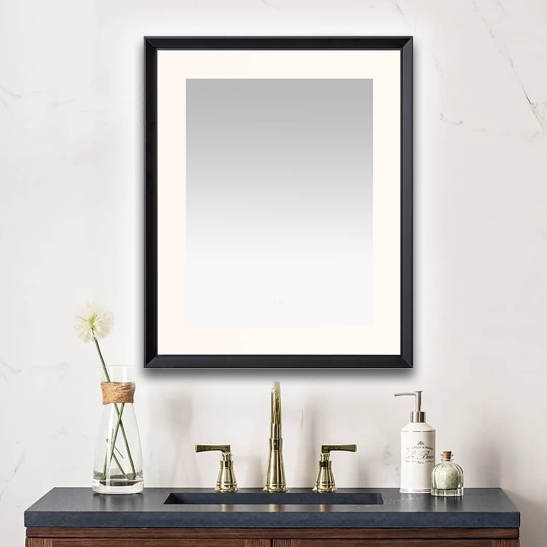 AQUADOM Madison 30"x36"x2.28" LED Lighted Chamfer Frame Mirror with Defogger, 3 Color Lighting, Wall Mount Vertical or Horizontal Installation in Matte Black  AQUADOM Madison 30"x36"x2.28" LED Lighted Chamfer Frame Mirror with Defogger, 3 Color Lighting, Wall Mount Vertical or Horizontal Installation in Matte Black