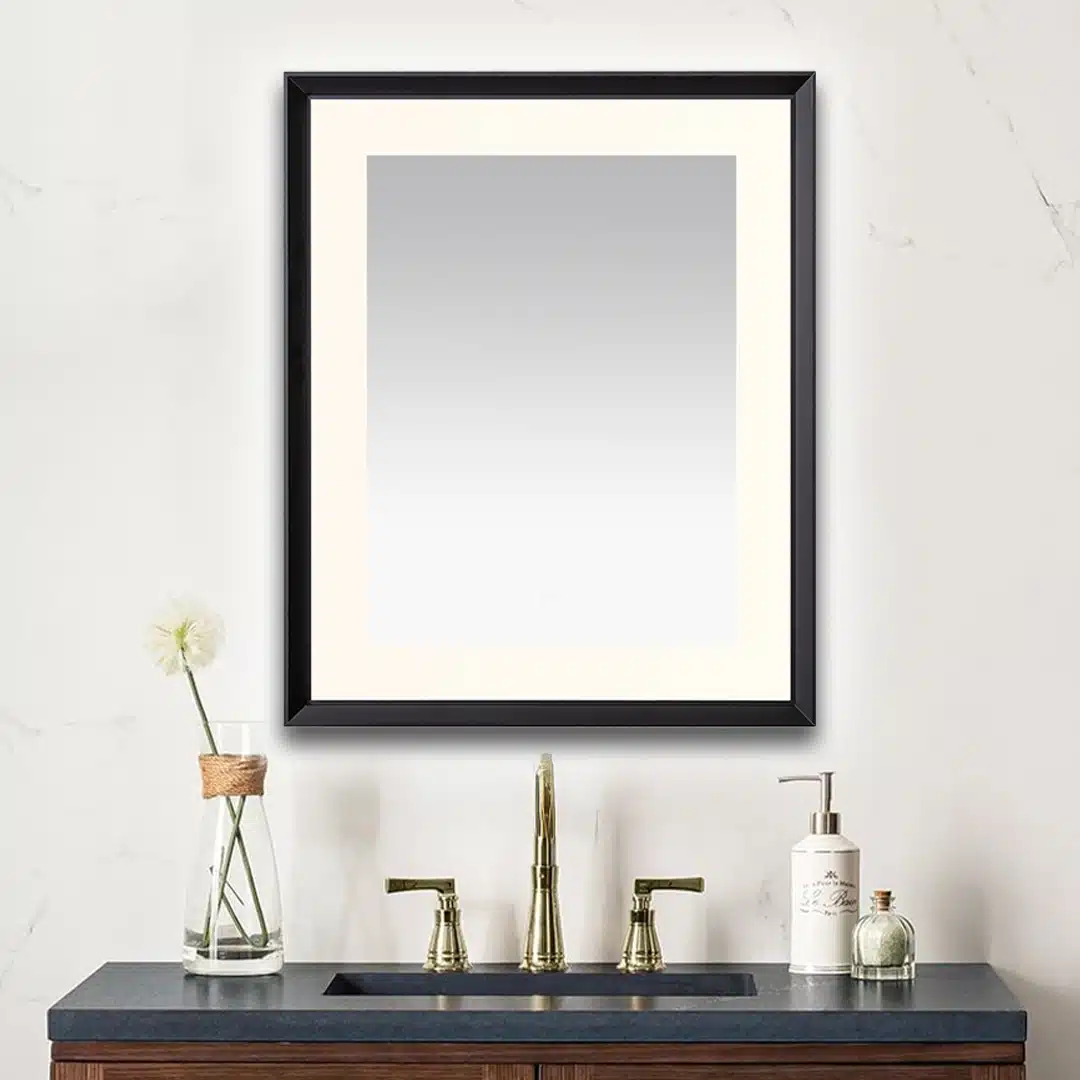 AQUADOM Madison 30"x36"x2.28" LED Lighted Chamfer Frame Mirror with Defogger, 3 Color Lighting, Wall Mount Vertical or Horizontal Installation in Matte Black  AQUADOM Madison 30"x36"x2.28" LED Lighted Chamfer Frame Mirror with Defogger, 3 Color Lighting, Wall Mount Vertical or Horizontal Installation in Matte Black