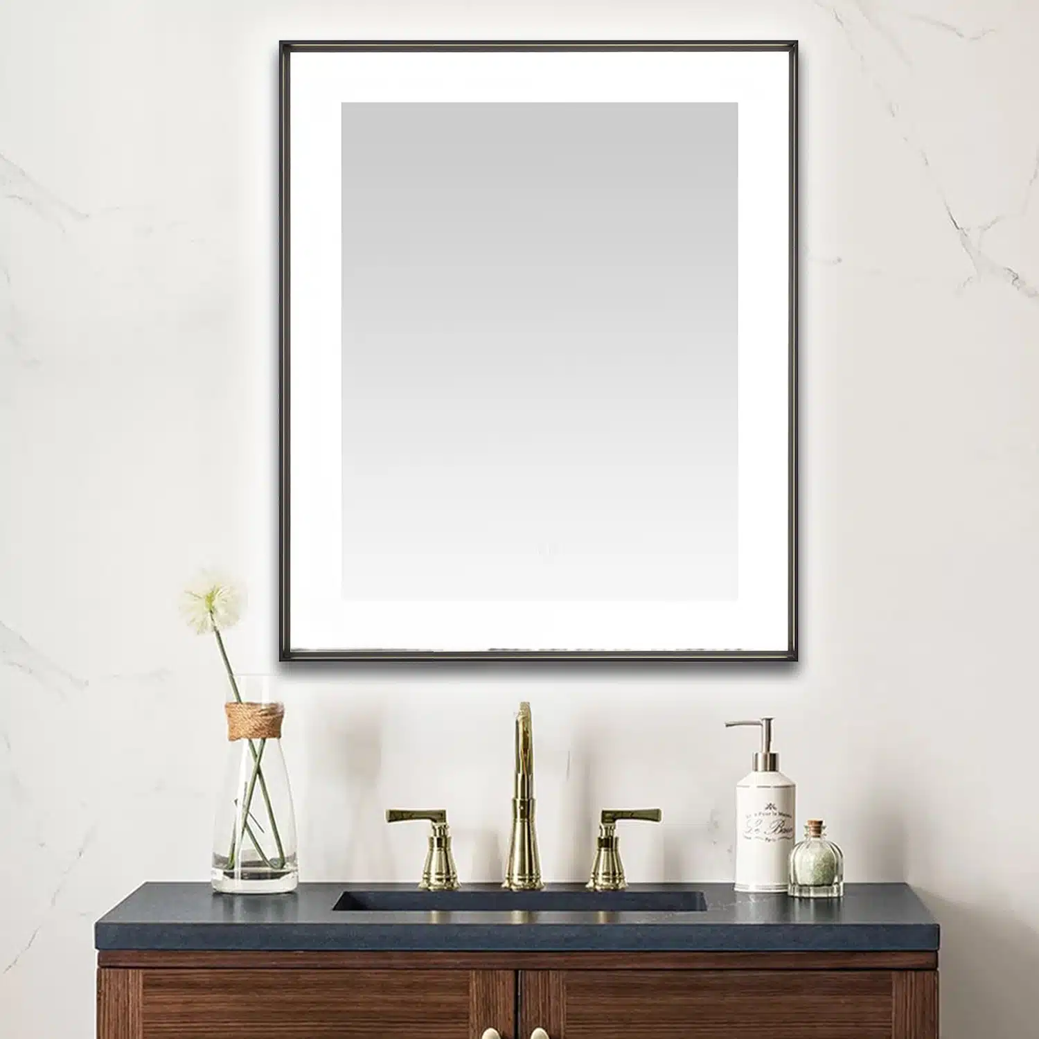 AQUADOM Lexington 30"x36"x2.28" LED Lighted Slim Frame Mirror with Defogger, 3 Color Lighting, Wall Mount Vertical or Horizontal Installation in Matte Black  AQUADOM Lexington 30"x36"x2.28" LED Lighted Slim Frame Mirror with Defogger, 3 Color Lighting, Wall Mount Vertical or Horizontal Installation in Matte Black