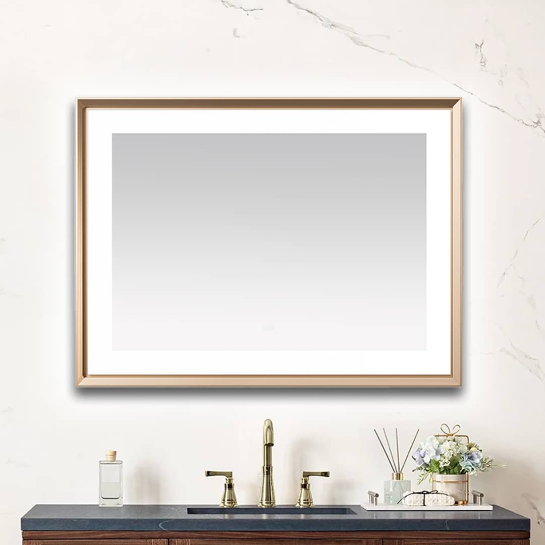 AQUADOM Madison 48"x36"x2.28" LED Lighted Chamfer Frame Mirror with Defogger, 3 Color Lighting, Wall Mount Vertical or Horizontal Installation in Brushed Gold AQUADOM Madison 48"x36"x2.28" LED Lighted Chamfer Frame Mirror with Defogger, 3 Color Lighting, Wall Mount Vertical or Horizontal Installation in Brushed Gold