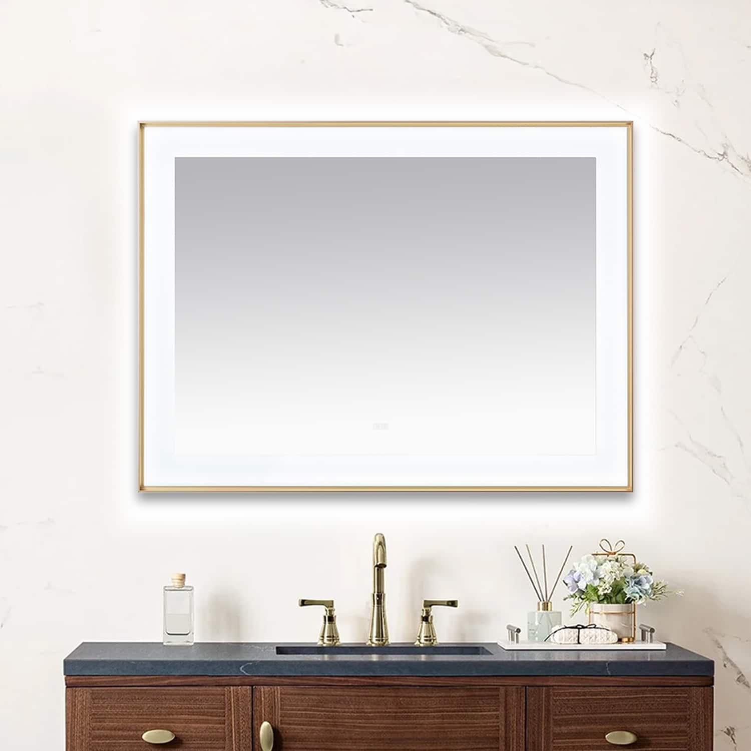 AQUADOM Lexington 48"x36"x2.28" LED Lighted Slim Frame Mirror with Defogger, 3 Color Lighting, Wall Mount Vertical or Horizontal Installation in Brushed Gold  AQUADOM Lexington 48"x36"x2.28" LED Lighted Slim Frame Mirror with Defogger, 3 Color Lighting, Wall Mount Vertical or Horizontal Installation in Brushed Gold