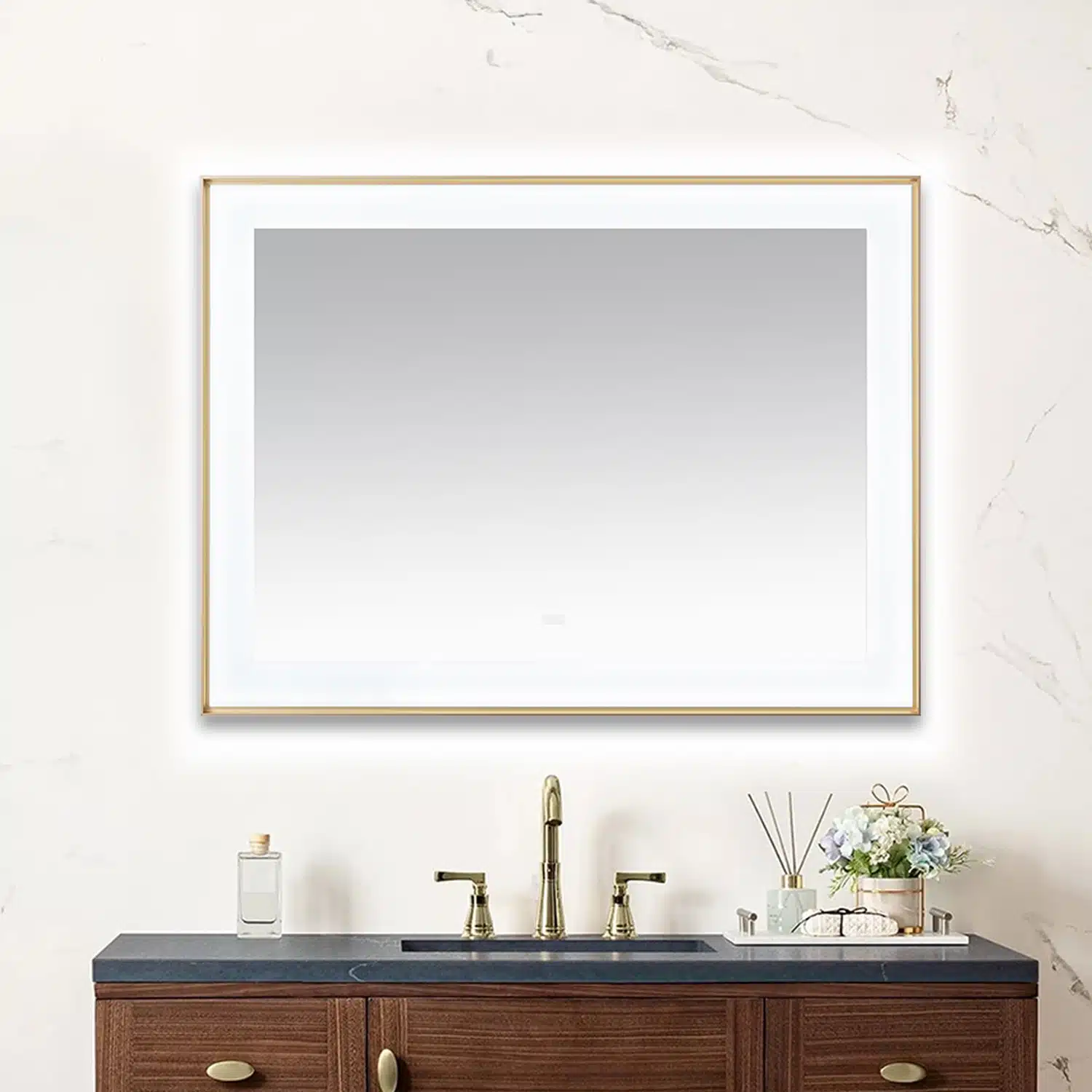 AQUADOM Lexington 48"x36"x2.28" LED Lighted Slim Frame Mirror with Defogger, 3 Color Lighting, Wall Mount Vertical or Horizontal Installation in Brushed Gold  AQUADOM Lexington 48"x36"x2.28" LED Lighted Slim Frame Mirror with Defogger, 3 Color Lighting, Wall Mount Vertical or Horizontal Installation in Brushed Gold