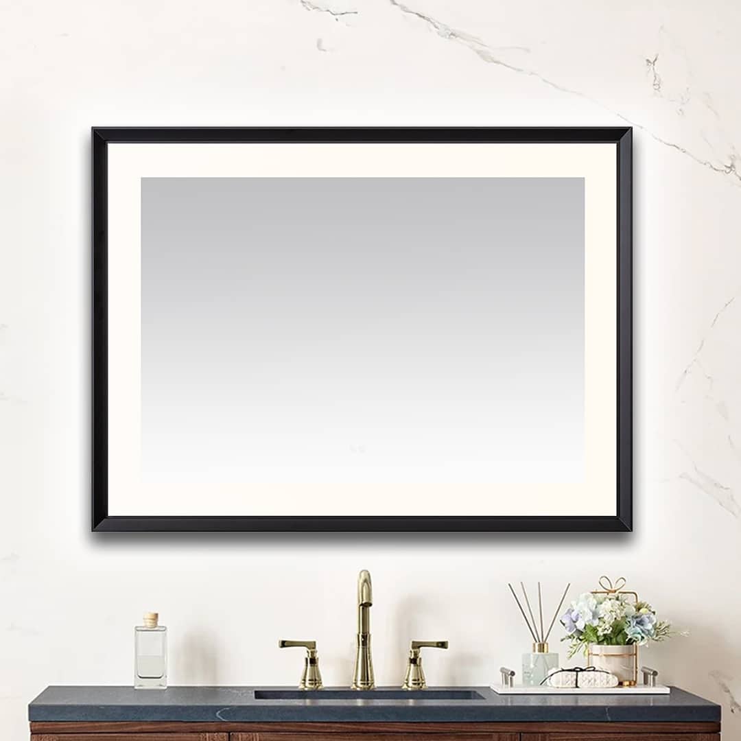 AQUADOM Madison 48"x36"x2.28" LED Lighted Chamfer Frame Mirror with Defogger, 3 Color Lighting, Wall Mount Vertical or Horizontal Installation in Matte Black AQUADOM Madison 48"x36"x2.28" LED Lighted Chamfer Frame Mirror with Defogger, 3 Color Lighting, Wall Mount Vertical or Horizontal Installation in Matte Black