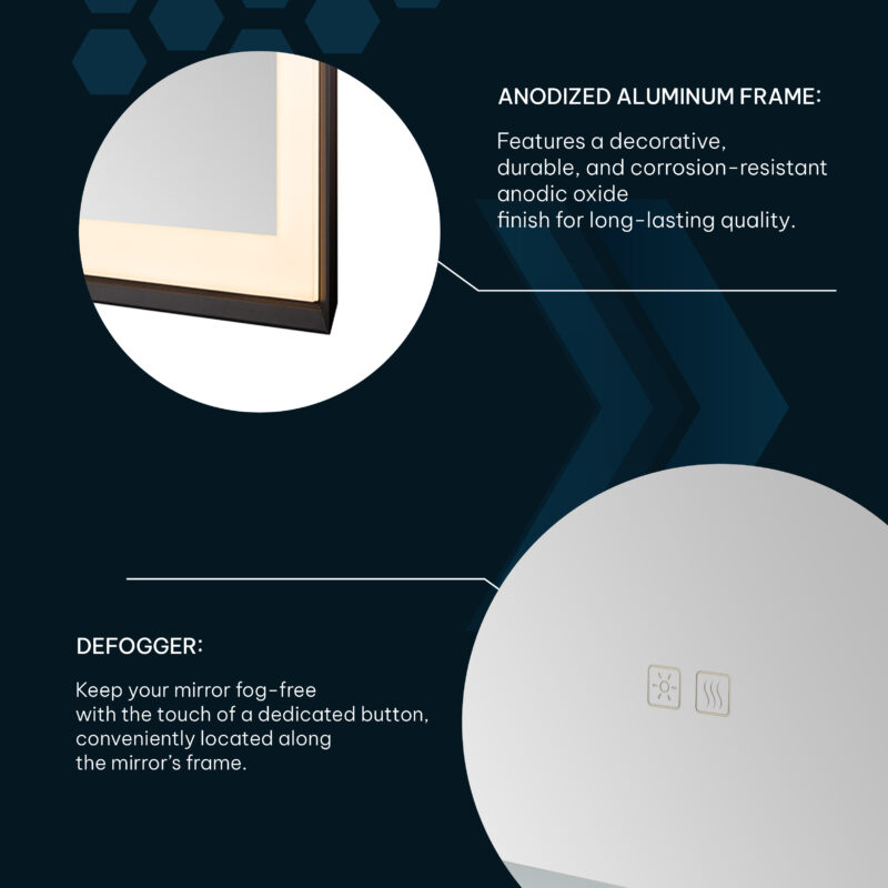  AQUADOM Madison 24"x36"x2.28" LED Lighted Chamfer Frame Mirror with Defogger, 3 Color Lighting, Wall Mount Vertical or Horizontal Installation in Brushed Gold