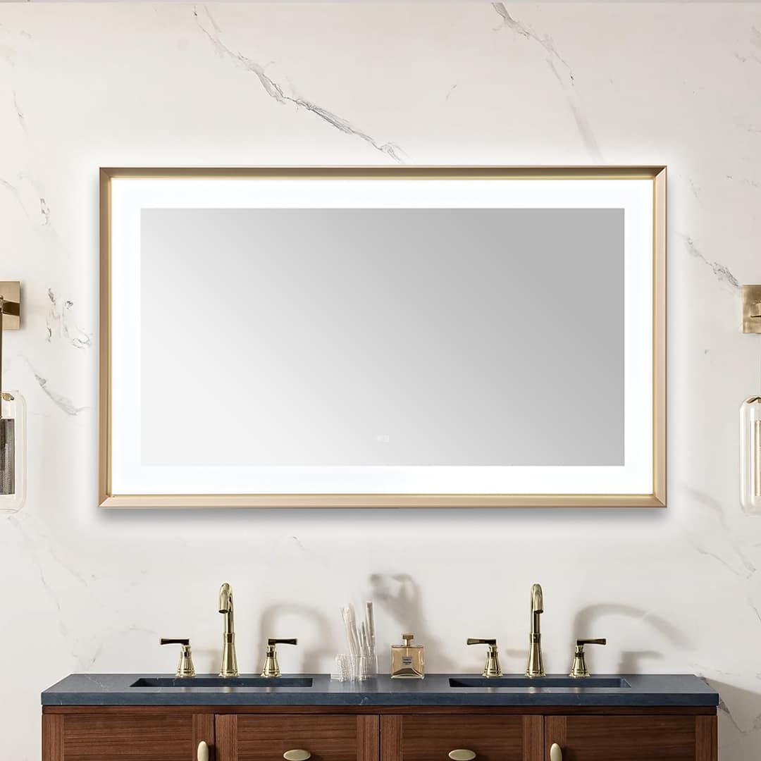 AQUADOM Madison 60"x36"x2.28" LED Lighted Chamfer Frame Mirror with Defogger, 3 Color Lighting, Wall Mount Vertical or Horizontal Installation in Brushed Gold  AQUADOM Madison 60"x36"x2.28" LED Lighted Chamfer Frame Mirror with Defogger, 3 Color Lighting, Wall Mount Vertical or Horizontal Installation in Brushed Gold