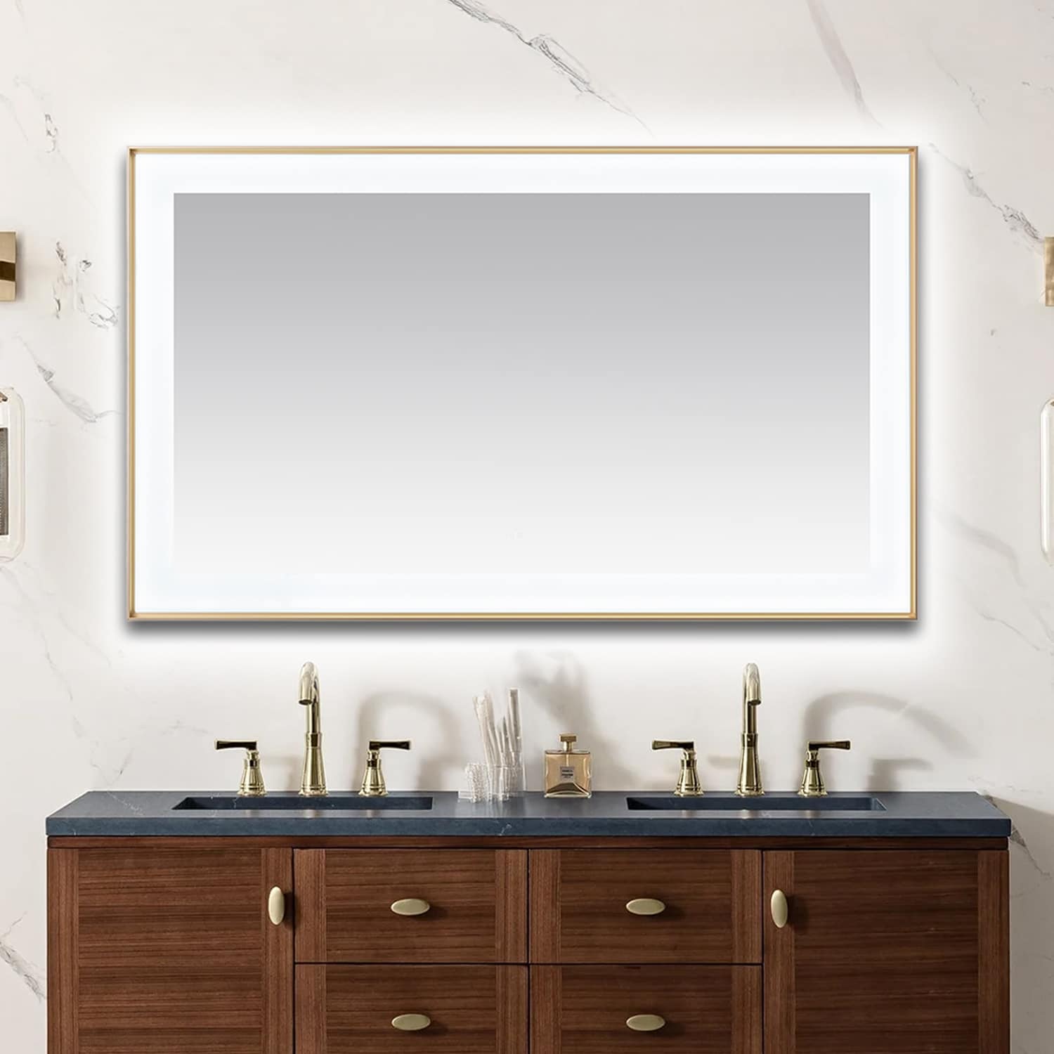 AQUADOM Lexington 60"x36"x2.28" LED Lighted Slim Frame Mirror with Defogger, 3 Color Lighting, Wall Mount Vertical or Horizontal Installation in Brushed Gold AQUADOM Lexington 60"x36"x2.28" LED Lighted Slim Frame Mirror with Defogger, 3 Color Lighting, Wall Mount Vertical or Horizontal Installation in Brushed Gold