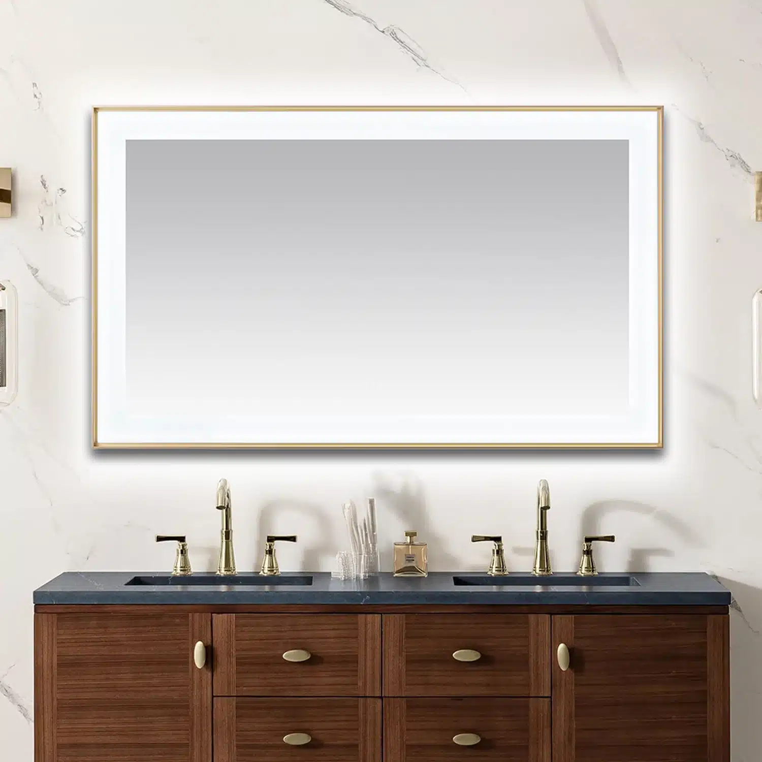 AQUADOM Lexington 60"x36"x2.28" LED Lighted Slim Frame Mirror with Defogger, 3 Color Lighting, Wall Mount Vertical or Horizontal Installation in Brushed Gold AQUADOM Lexington 60"x36"x2.28" LED Lighted Slim Frame Mirror with Defogger, 3 Color Lighting, Wall Mount Vertical or Horizontal Installation in Brushed Gold
