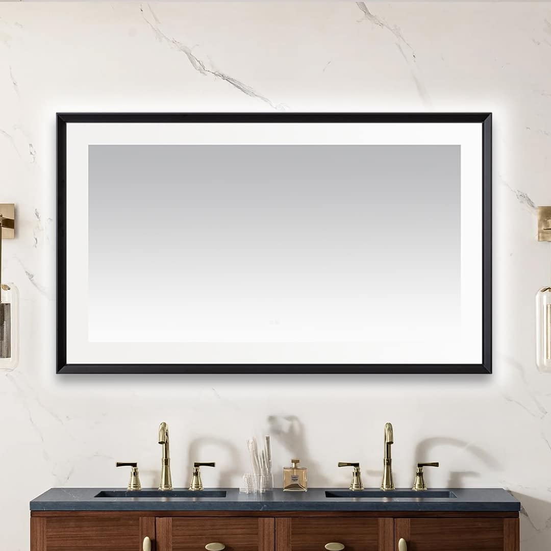 AQUADOM Madison 60"x36"x2.28" LED Lighted Chamfer Frame Mirror with Defogger, 3 Color Lighting, Wall Mount Vertical or Horizontal Installation in Matte Black  AQUADOM Madison 60"x36"x2.28" LED Lighted Chamfer Frame Mirror with Defogger, 3 Color Lighting, Wall Mount Vertical or Horizontal Installation in Matte Black